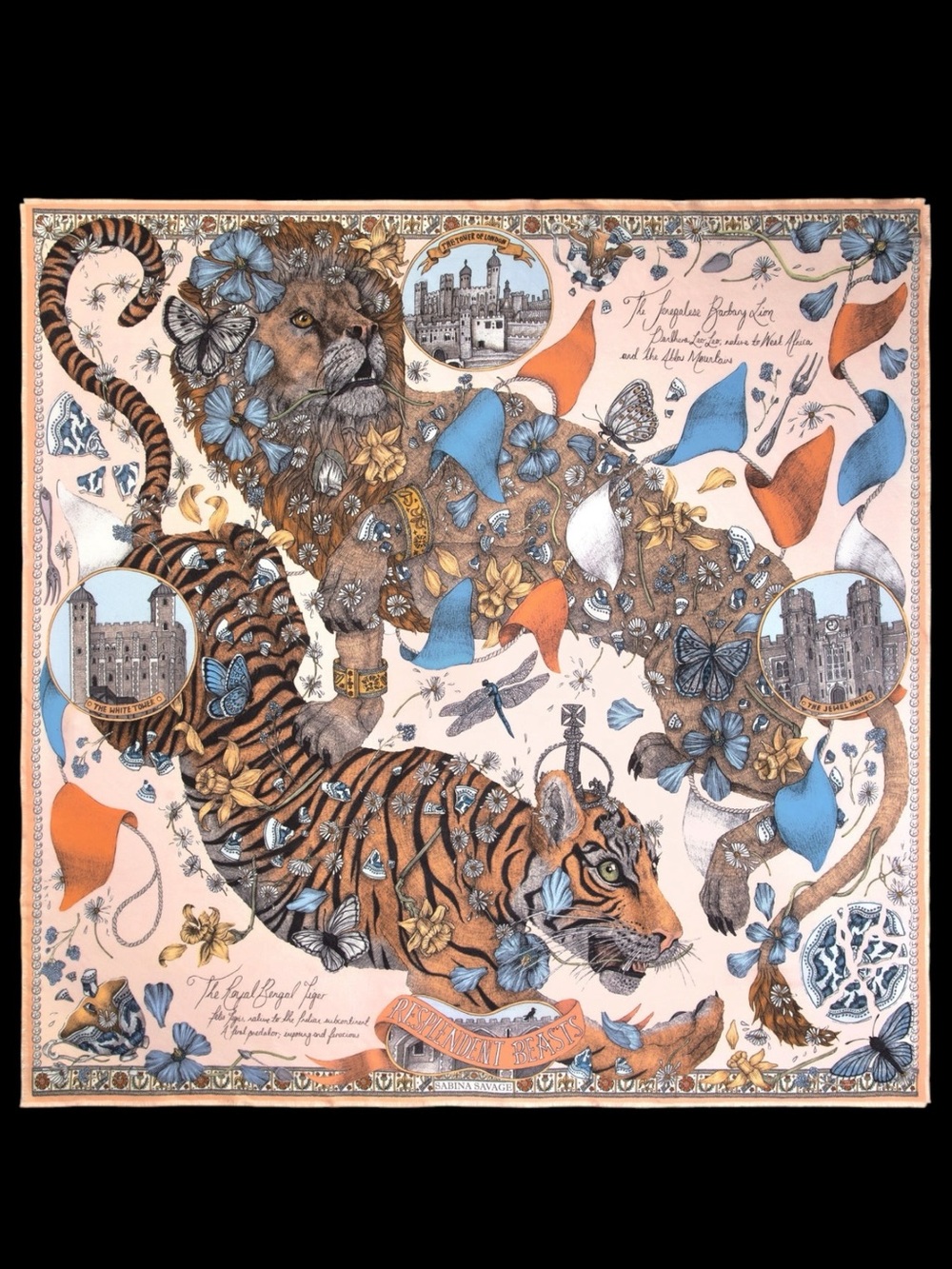 SABINA SAVAGE THE LION AND TIGER'S TEA PARTY SILK TWILL SHAWL LARGE 53” SQUARE